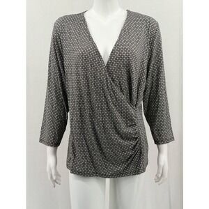 Talbots Top Womens 1X Brown Geometric Surplice 3/4 Sleeve V-Neck Stretch Office